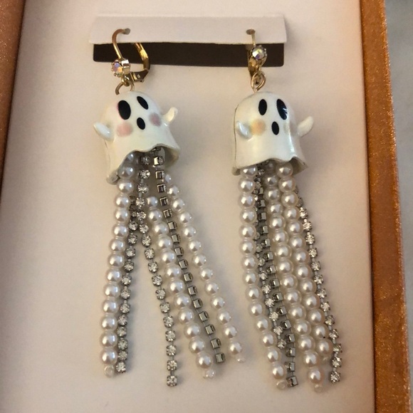 Betsey Johnson Gold Tone Just Treats Ghost Drop Earrings With Fringe NWT - Picture 7 of 10